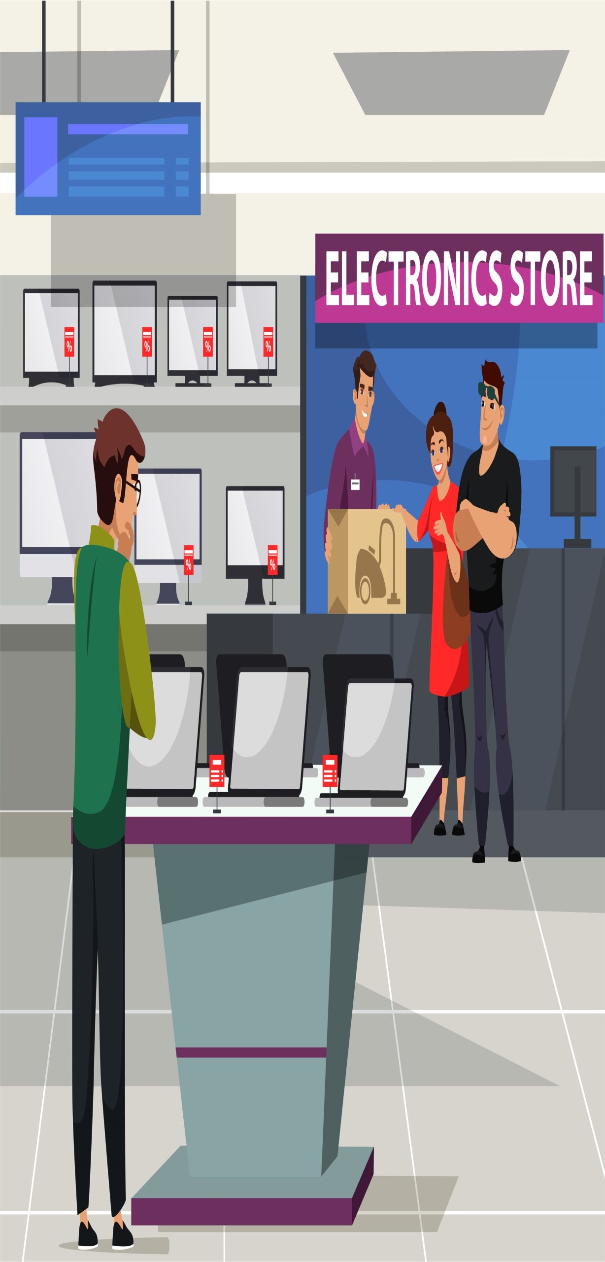 Electronic store interior, couple buys household appliance, assistant checkout and packaging. Man in shop department, shelves gadgets assortment, discount, retail sales tech product Electronic store interior, couple buys household appliance, assistant checkout and packaging. Man in shop department, shelves gadgets assortment, discount, retail sales tech product